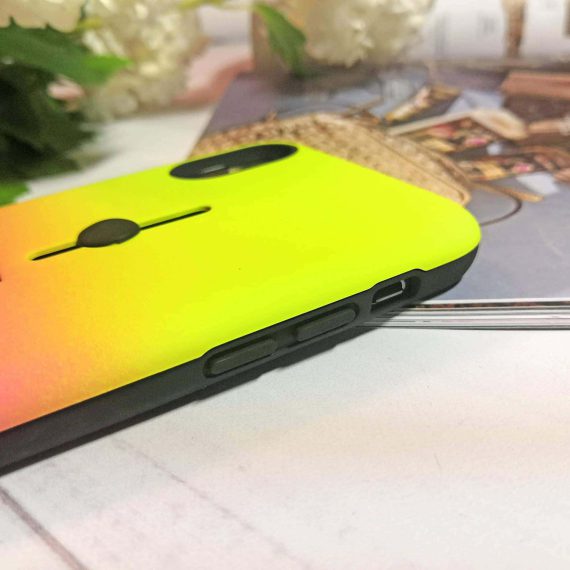 Etui do iPhone X/XS stylowe proste z chowanym uchwytem żółto-różowe