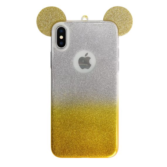 Etui do iPhone X/XS silikonowe brokatowe srebrno-złote z uszkami myszki Miki
