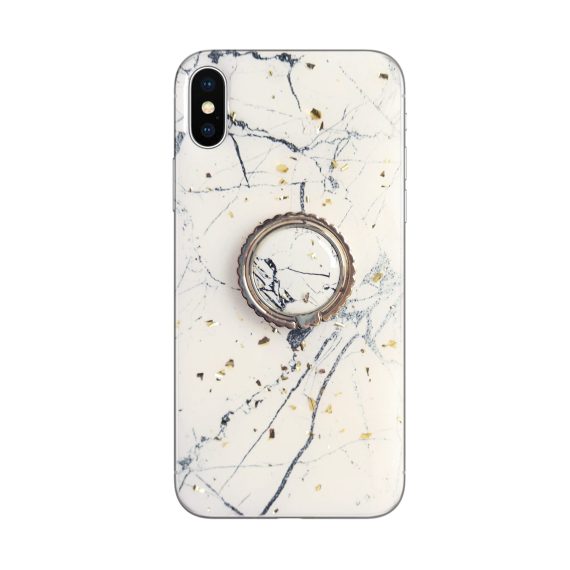 Etui do iPhone XR luksusowe z uchwytem – biały marmurek ze złotem