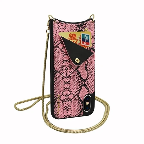 Etui do IPhone X/XS eleganckie stylowe z różowym wężowym wzorem, kieszonką i łańcuszkiem