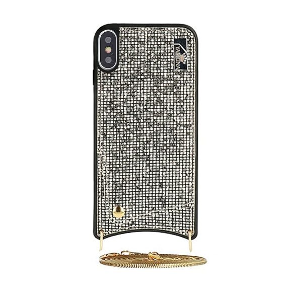 Etui do IPhone X/XS eleganckie błyszczące srebrne torebka z łańcuszkiem