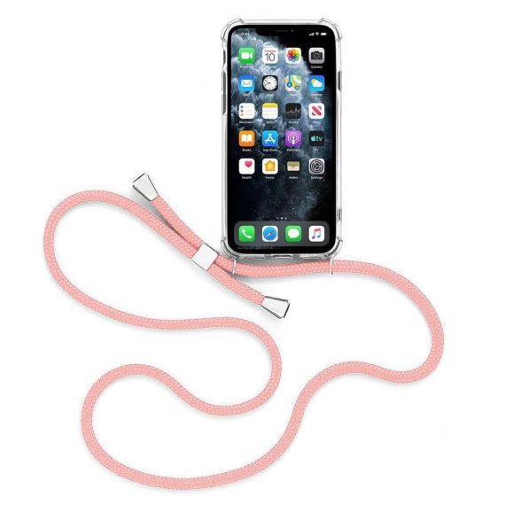 Etui do iPhone 11 przeźroczyste nowoczesne z różową smyczą – torebka