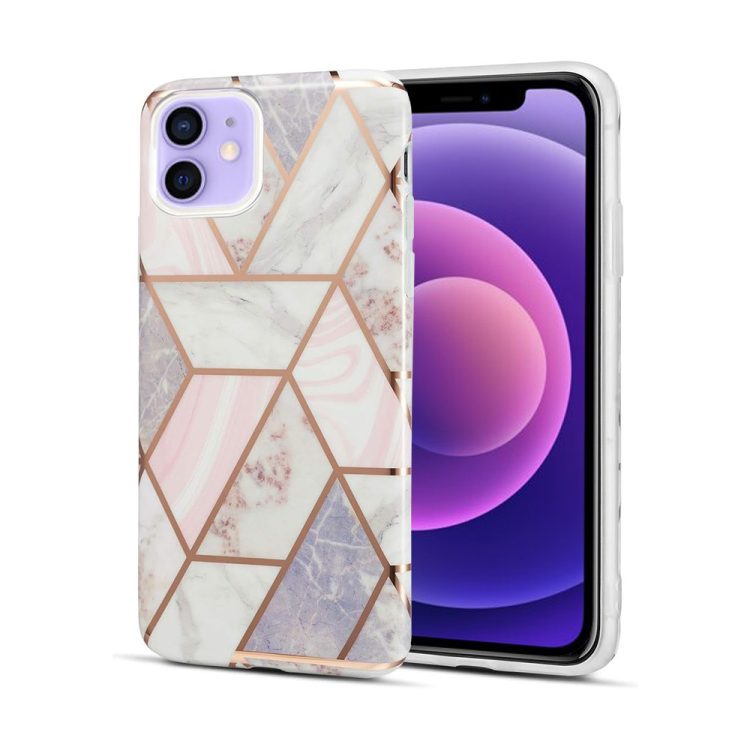 etui do iphone 12 szaro różowy marmur ze złotymi wzorami