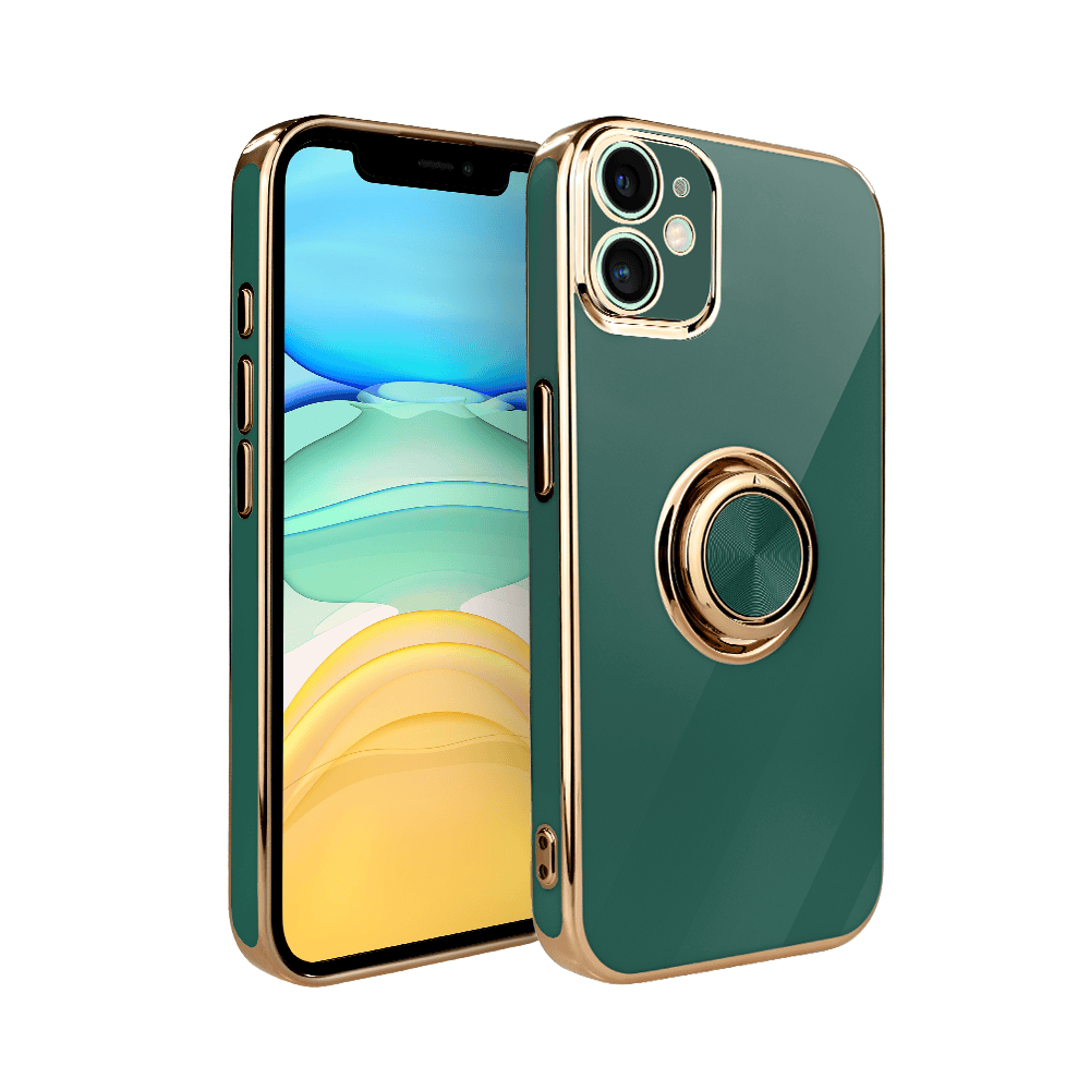 Etui do iPhone 11 eleganckie, ze złotym, metalowym uchwytem i zdobieniami, osłona na aparat, zielone deep green1