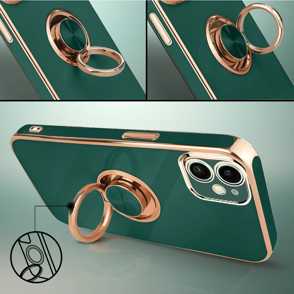 Etui do iPhone 11 eleganckie, ze złotym, metalowym uchwytem i zdobieniami, osłona na aparat, zielone deep green10