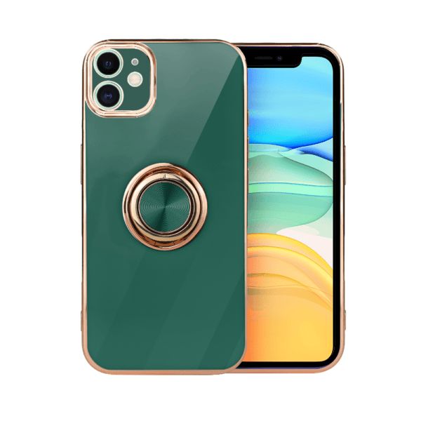 Etui do iPhone 11 eleganckie, ze złotym, metalowym uchwytem i zdobieniami, osłona na aparat, zielone deep green