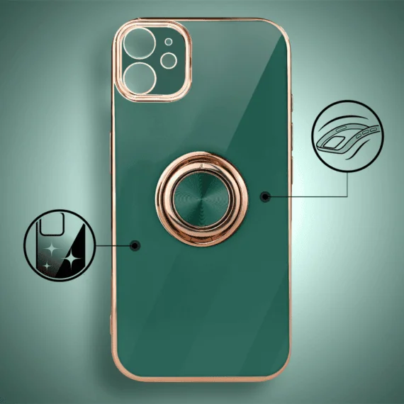 Etui do iPhone 11 eleganckie, ze złotym, metalowym uchwytem i zdobieniami, osłona na aparat, zielone deep green3