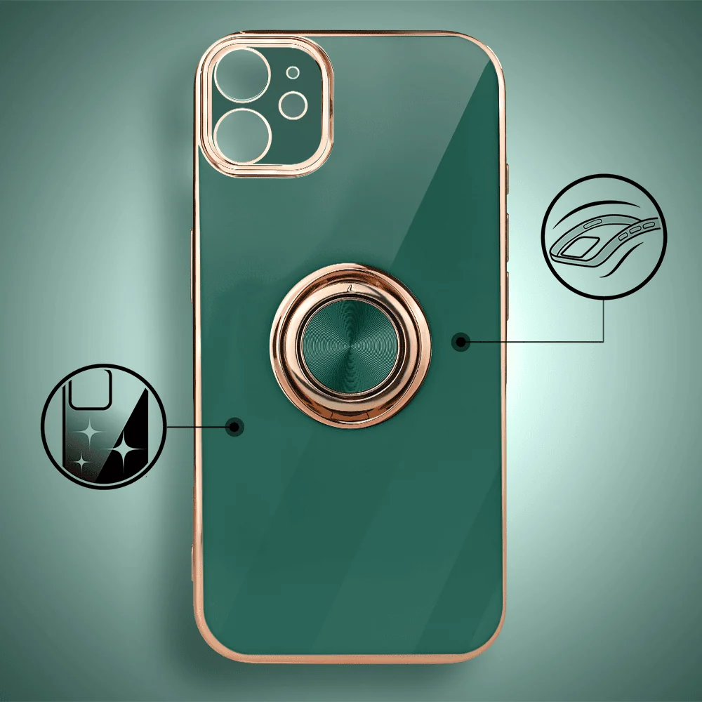 Etui do iPhone 11 eleganckie, ze złotym, metalowym uchwytem i zdobieniami, osłona na aparat, zielone deep green3