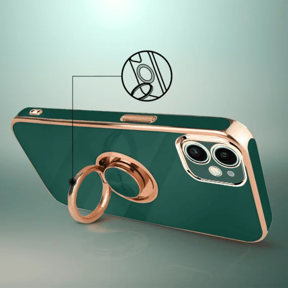Etui do iPhone 11 eleganckie, ze złotym, metalowym uchwytem i zdobieniami, osłona na aparat, zielone deep green4