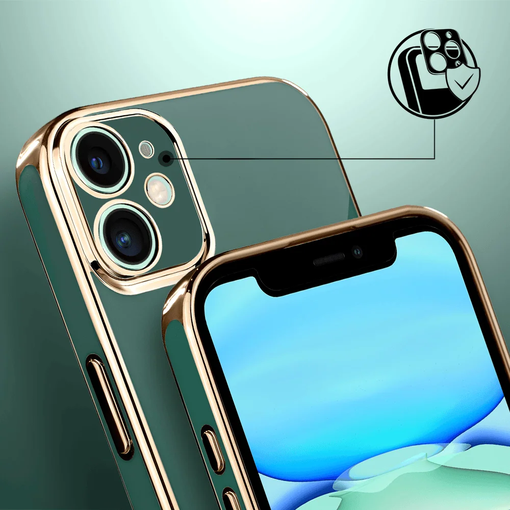 Etui do iPhone 11 eleganckie, ze złotym, metalowym uchwytem i zdobieniami, osłona na aparat, zielone deep green5
