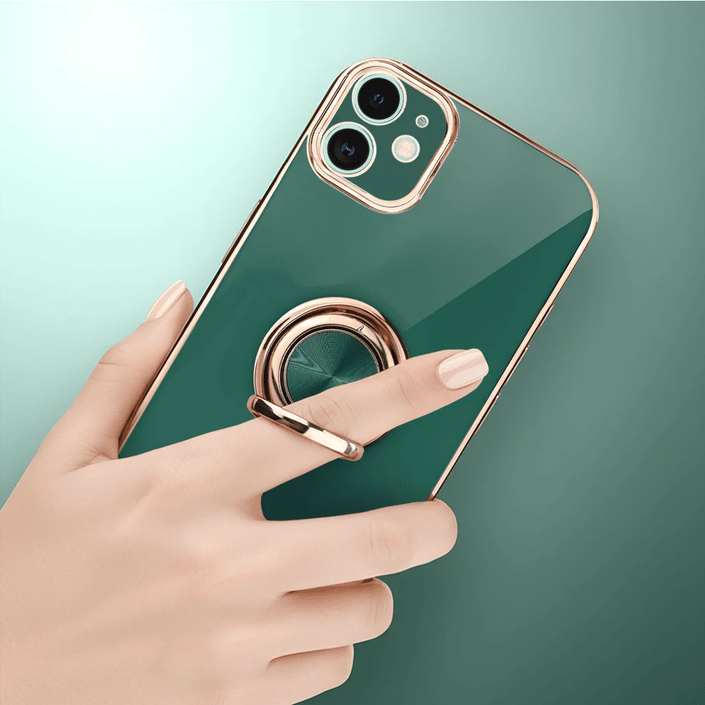 Etui do iPhone 11 eleganckie, ze złotym, metalowym uchwytem i zdobieniami, osłona na aparat, zielone deep green6