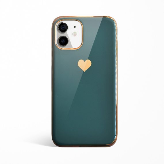 Etui do iPhone 11 luksusowe z złotym sercem i zdobieniami zielone