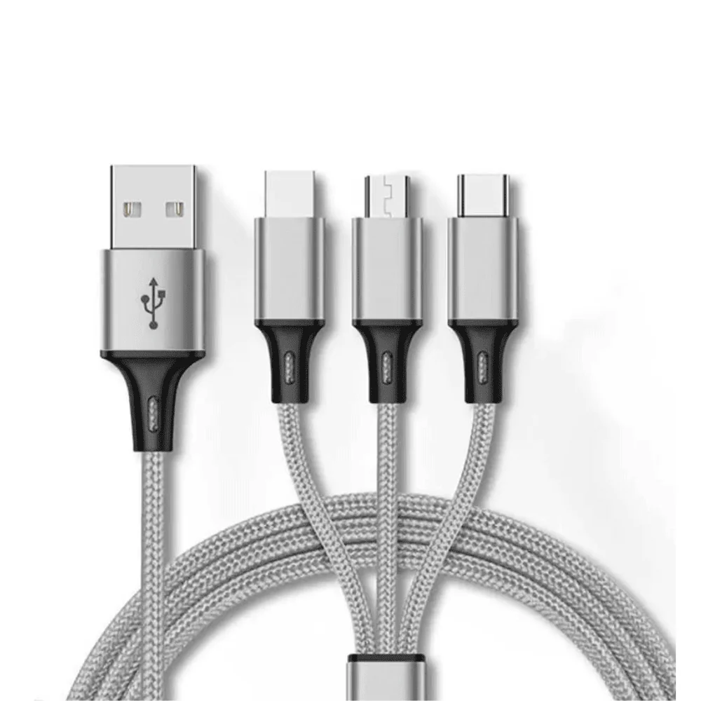 Kabel 3w1 USB – na micro USB, Lightning , USB Typ C, 1.2 metra, szary