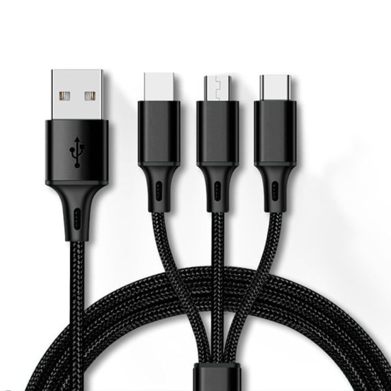 Długi Kabel USB 3w1 z metalowymi końcówkami czarny