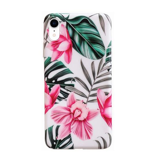 Etui do iPhone XR białe w różowe egzotyczne kwiaty