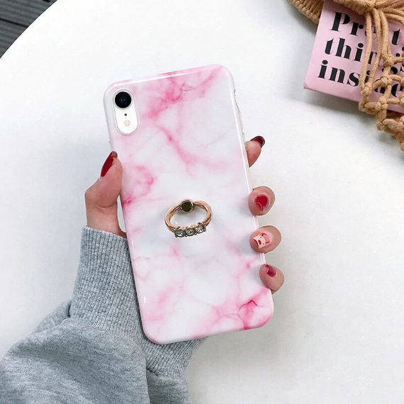 Etui do iPhone XR biało-różowy marmurek ze złotym uchwytem