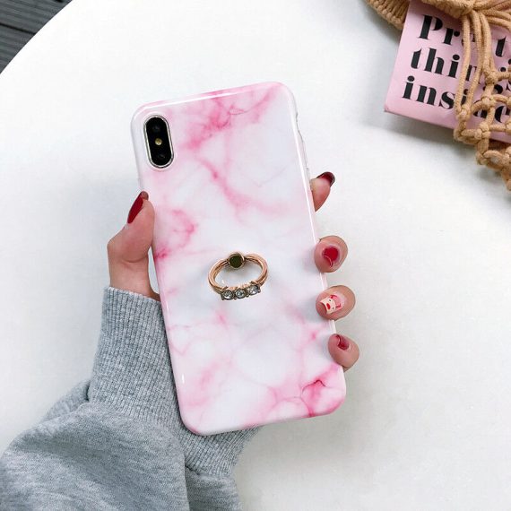 Etui do iPhone X/XS biało-różowy marmurek ze złotym uchwytem