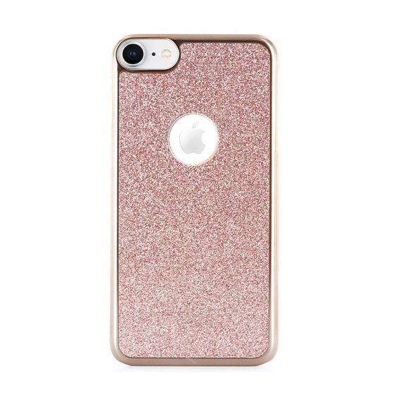 Etui do iPhone 8/7 różowy błyszczący brokat ze złotą ramką i widocznym  logo