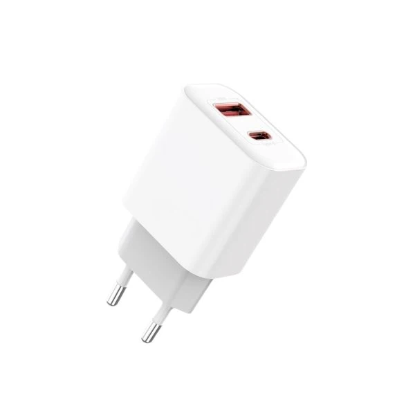 szybka ładowarka dwa porty usb + usb c pd 3a 20w, biała