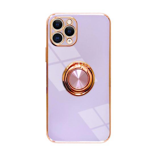 Etui do iPhone 11 Pro eleganckie, ze złotym, metalowym uchwytem i zdobieniami, osłona na aparat, fioletowe liliowe