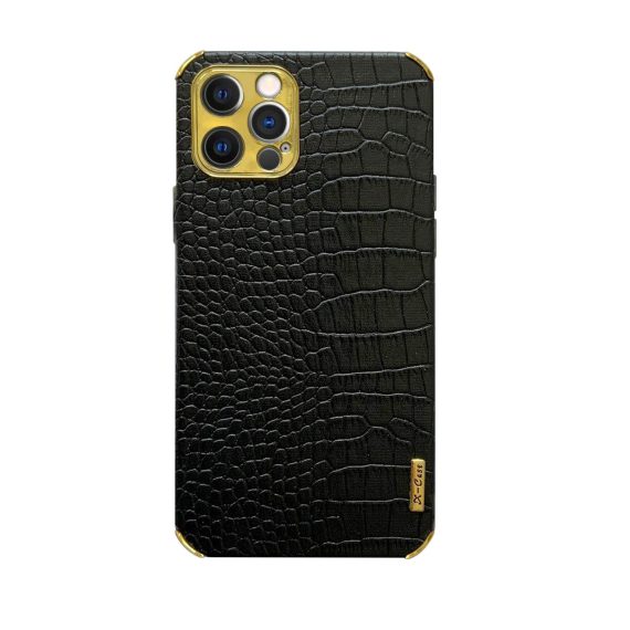 Etui do iPhone 12 Pro luksusowe czarny wężowy wzór ze złotymi dodatkami