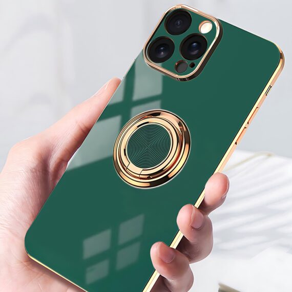 Etui do iPhone 12 Pro eleganckie, ze złotym, metalowym uchwytem i zdobieniami, osłona na aparat, zieloneObszar kompozycji 10