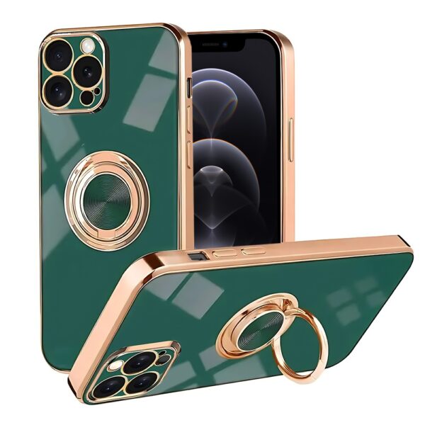 Etui do iPhone 12 Pro eleganckie, ze złotym, metalowym uchwytem i zdobieniami, osłona na aparat, zielone