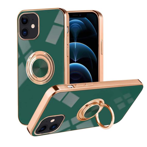 Etui do iPhone 12 eleganckie, ze złotym, metalowym uchwytem i zdobieniami, bez osłony na aparat, zielone deep green