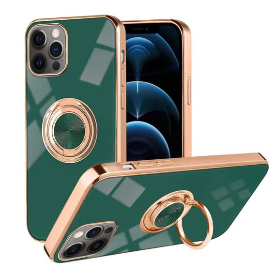 Etui do iPhone 12 Pro eleganckie, ze złotym, metalowym uchwytem i zdobieniami, bez osłony na aparat, zielone deep green