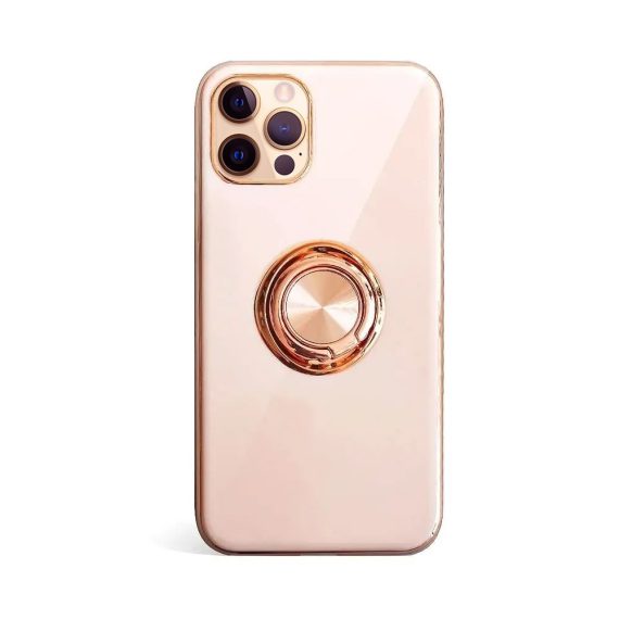 Etui do iPhone 13 Pro eleganckie, ze złotym, metalowym uchwytem i zdobieniami, bez osłony na aparat, złoty róż