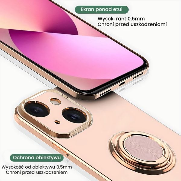 etui do iphone 13 eleganckie, ze złotym, metalowym uchwytem i zdobieniami, z osłoną na aparat, pudrowy róż