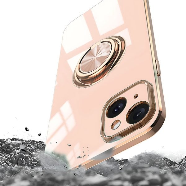 etui do iphone 13 eleganckie, ze złotym, metalowym uchwytem i zdobieniami, z osłoną na aparat, pudrowy róż