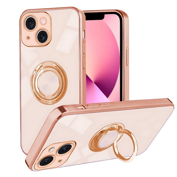 etui do iphone 13 eleganckie, ze złotym, metalowym uchwytem i zdobieniami, z osłoną na aparat, pudrowy róż