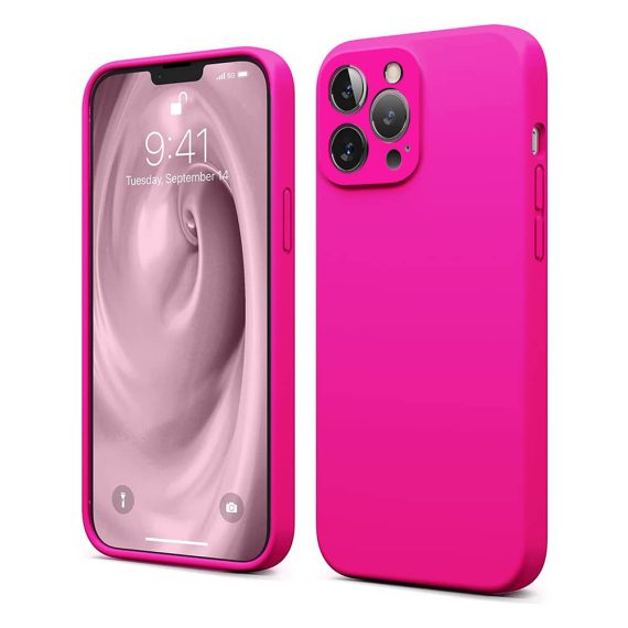 Etui do iPhone 13 Pro Max silikonowe z mikrofibrą soft touch z osłoną na aparat, różowe