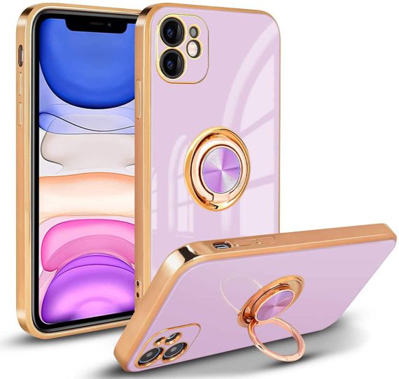 Etui do iPhone 11 eleganckie, ze złotym, metalowym uchwytem i zdobieniami, osłona na aparat, fioletowe liliowe