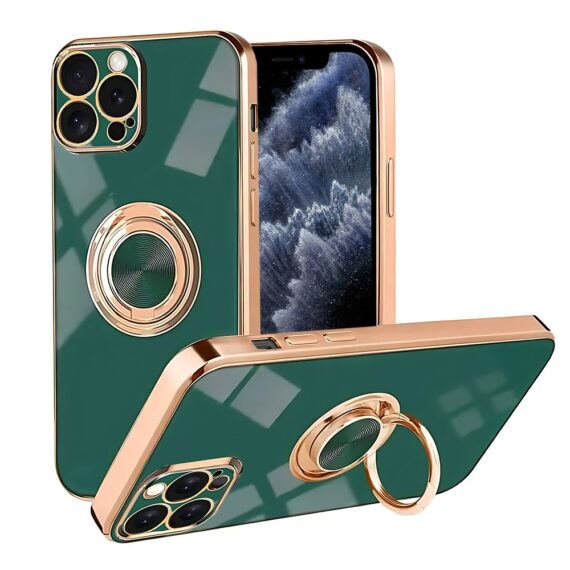 Etui do iPhone 11 Pro eleganckie, ze złotym, metalowym uchwytem i zdobieniami, osłona na aparat, zieloneObszar kompozycji 22