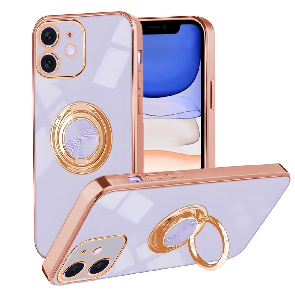 etui do iphone 11 eleganckie, ze złotym, metalowym uchwytem i zdobieniami, osłona na aparat, fioletowe liliowe