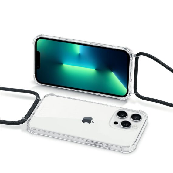 Etui do iPhone 13 Pro wzmacniane crossbody z czarną smyczą jak torebka, przeźroczyste NOWE (1)
