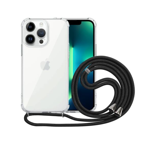 Etui do iPhone 13 Pro wzmacniane crossbody z czarną smyczą jak torebka, przeźroczyste NOWE (2)