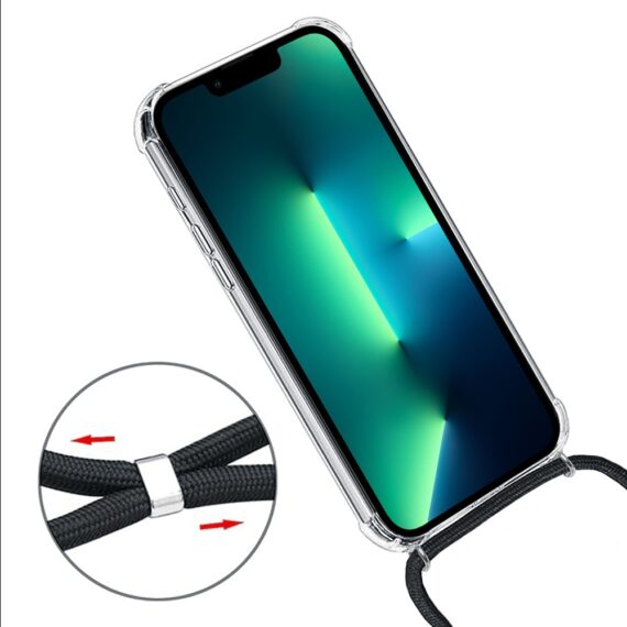 Etui do iPhone 13 Pro wzmacniane crossbody z czarną smyczą jak torebka, przeźroczyste NOWE (4)