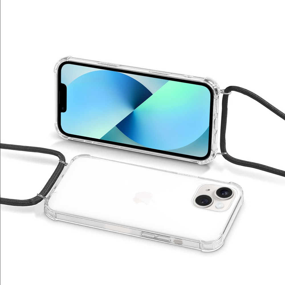 Etui do iPhone 13 wzmacniane crossbody z czarną smyczą jak torebka, przeźroczyste NOWE (1)