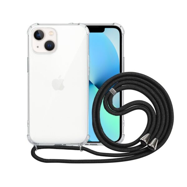 Etui do iPhone 13 wzmacniane crossbody z czarną smyczą jak torebka, przeźroczyste