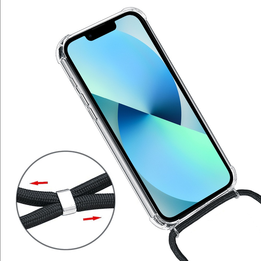 Etui do iPhone 13 wzmacniane crossbody z czarną smyczą jak torebka, przeźroczyste NOWE (4)