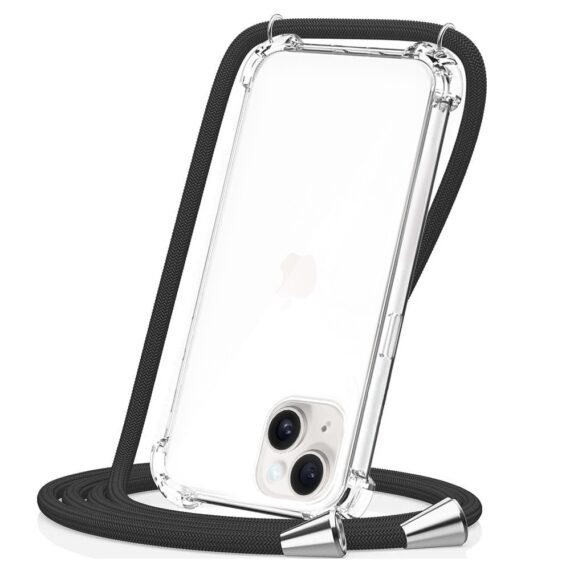 Etui do iPhone 13 wzmacniane crossbody z czarną smyczą jak torebka, przeźroczyste NOWE (5)