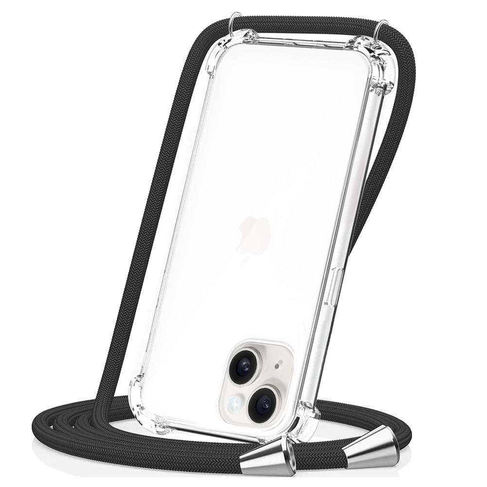 Etui do iPhone 13 wzmacniane crossbody z czarną smyczą jak torebka, przeźroczyste NOWE (5)
