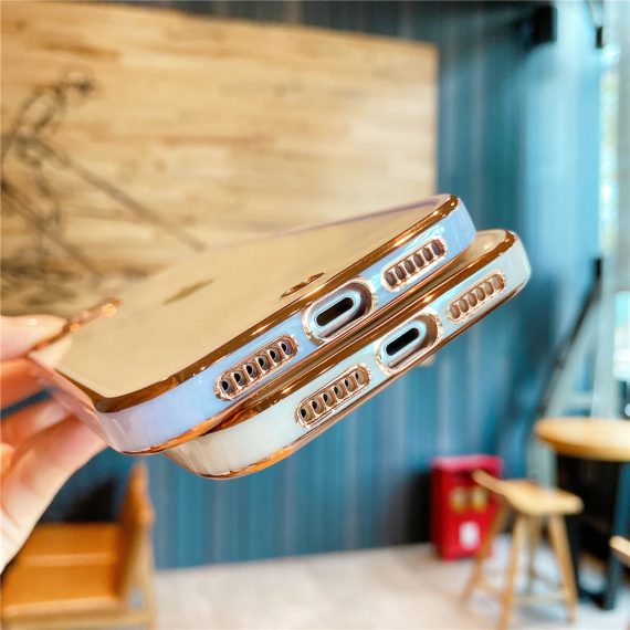 etui do iphone 12 fashion gold przezroczysty tył, pozłacane elementy, różowa ramka 6