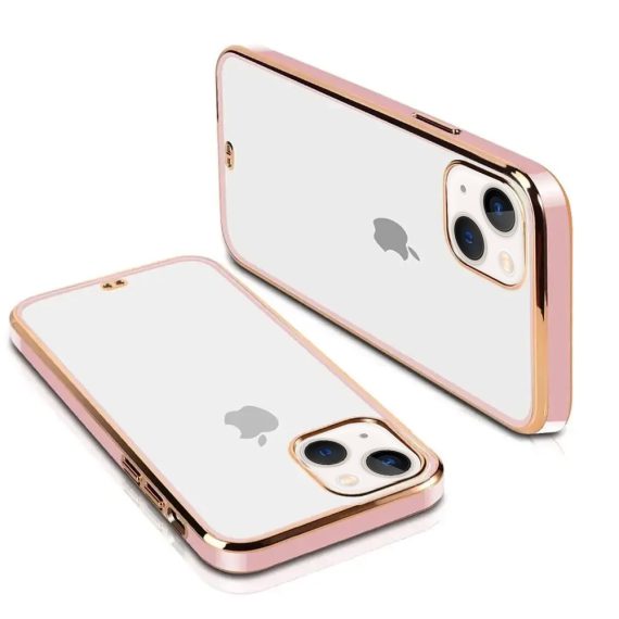 etui do iphone 13 fashion gold przezroczysty tył, pozłacane elementy, różowa ramka 2