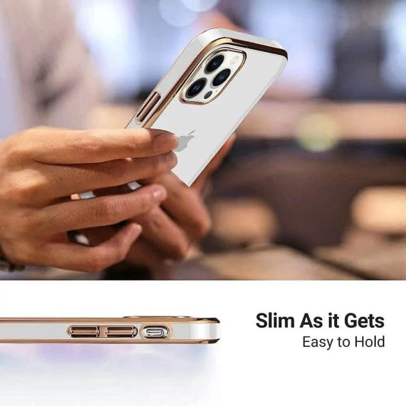 etui do iphone 13 pro fashion gold przezroczysty tył, pozłacane elementy, biała ramka 4