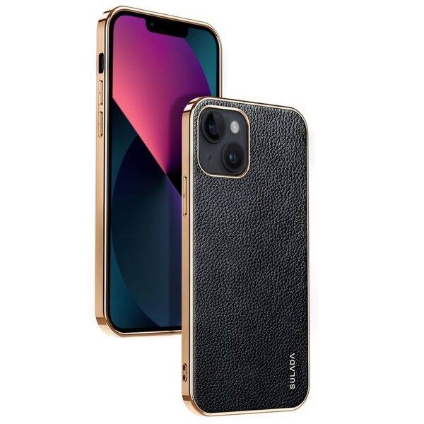 Złoty iPhone z czarnym etui.