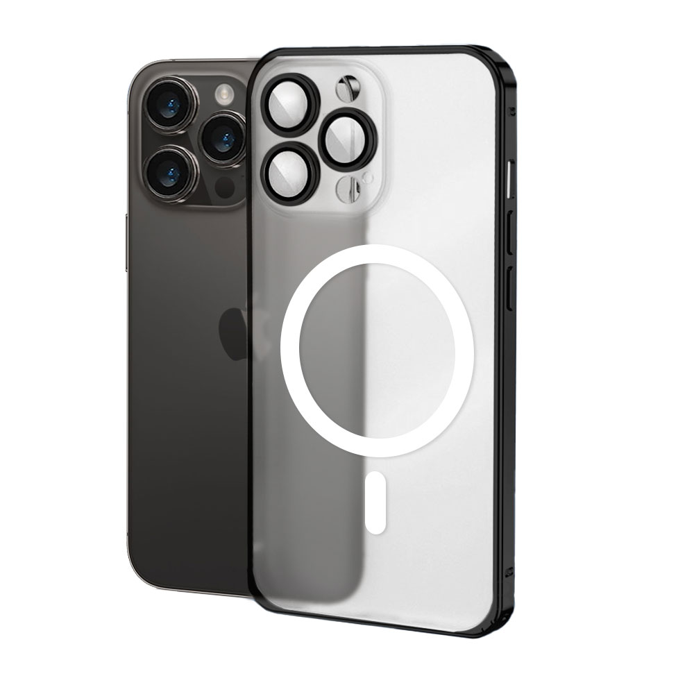 Etui do iPhone 14 Pro Max Metalic Black Frame Oryginal matowe, hybrydowa ochrona kamery, czarna ramka